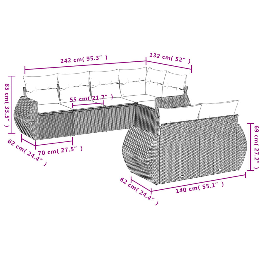 7-delige Loungeset met kussens poly rattan lichtgrijs