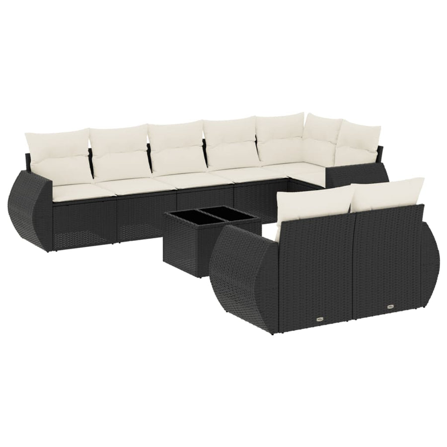 9-delige Loungeset met kussens poly rattan zwart Zwart en crème Met tafel