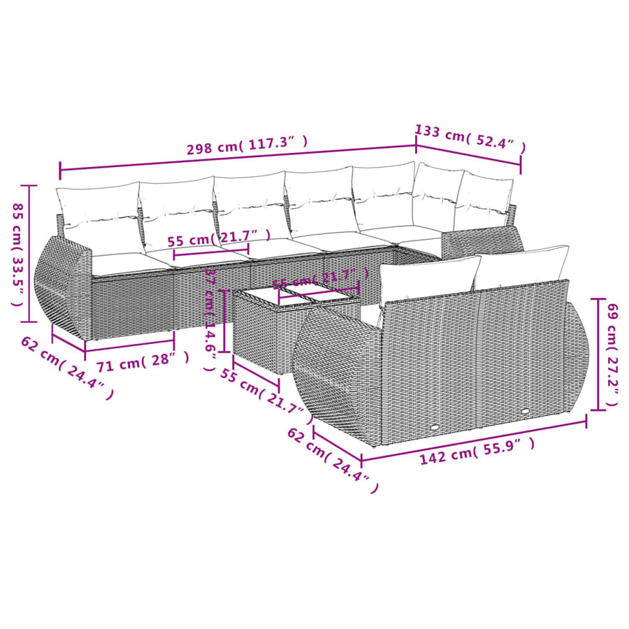 9-Delige Loungeset Met Kussens Poly Rattan Beige