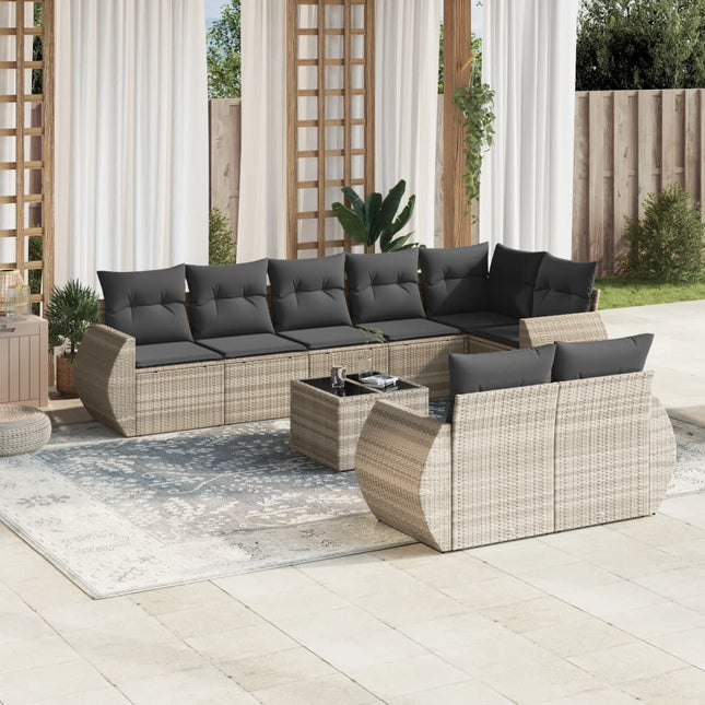 9-delige Loungeset met kussens poly rattan lichtgrijs