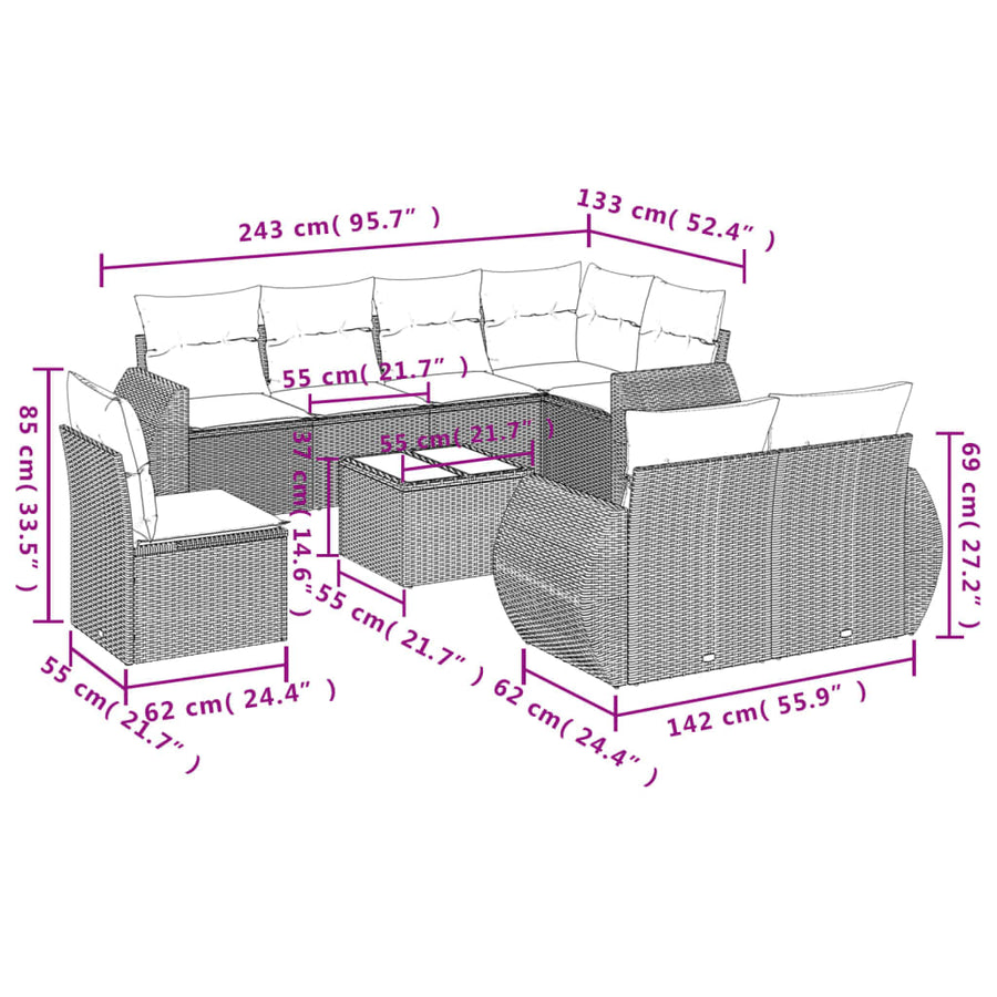 9-Delige Loungeset Met Kussens Poly Rattan Beige