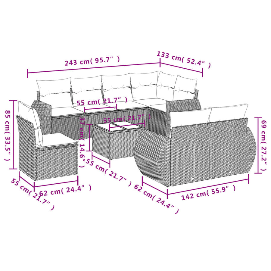 9-Delige Loungeset Met Kussens Poly Rattan Grijs