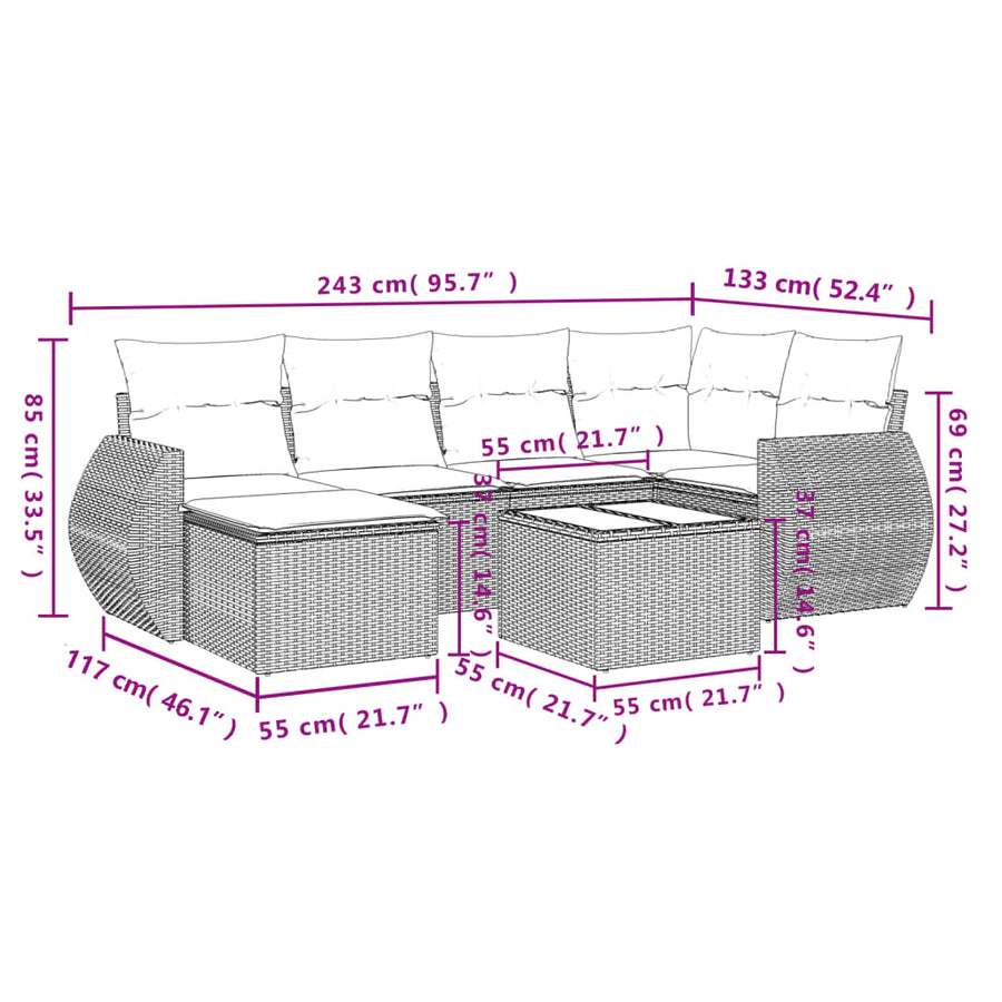 7-Delige Loungeset Met Kussens Poly Rattan Beige