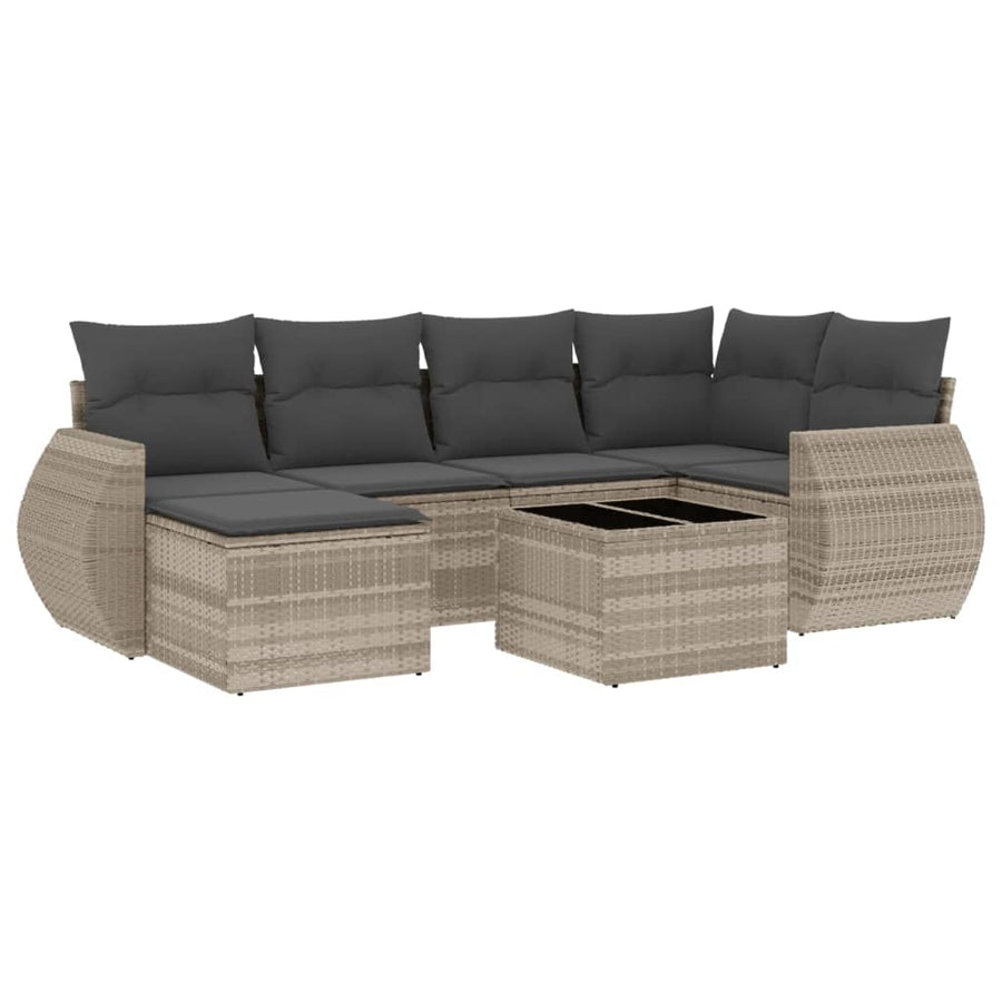 7-delige Loungeset met kussens poly rattan lichtgrijs
