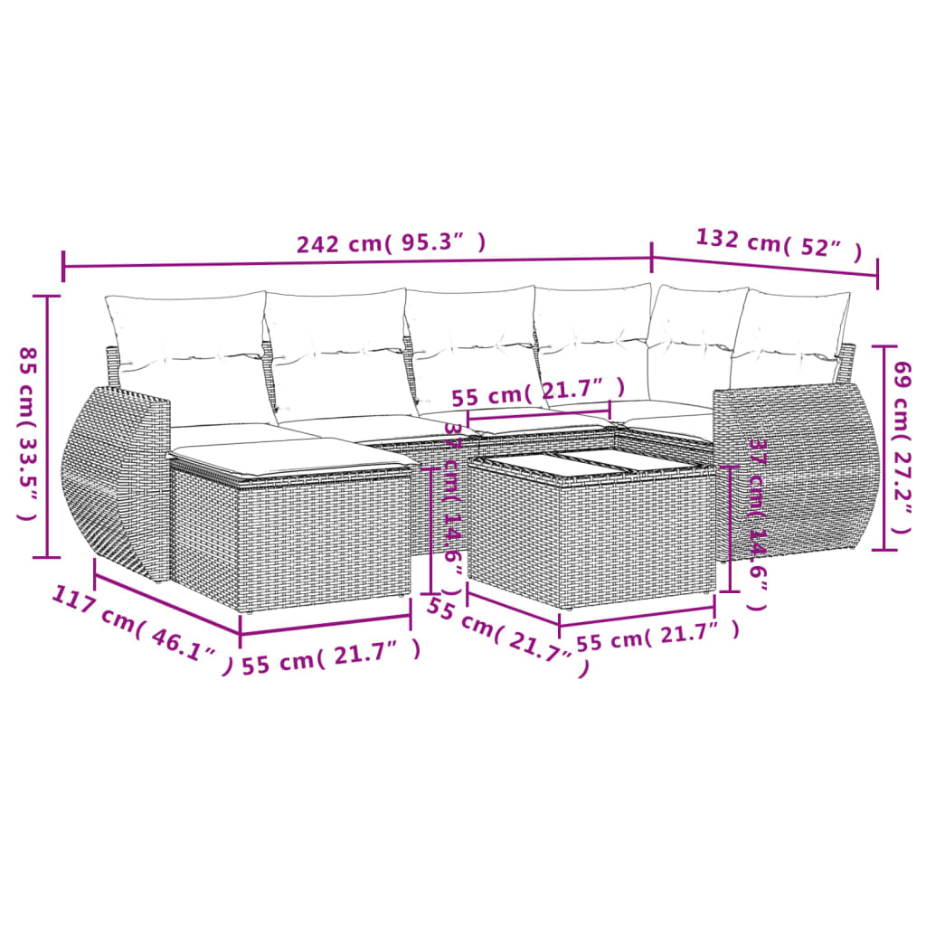 7-delige Loungeset met kussens poly rattan lichtgrijs