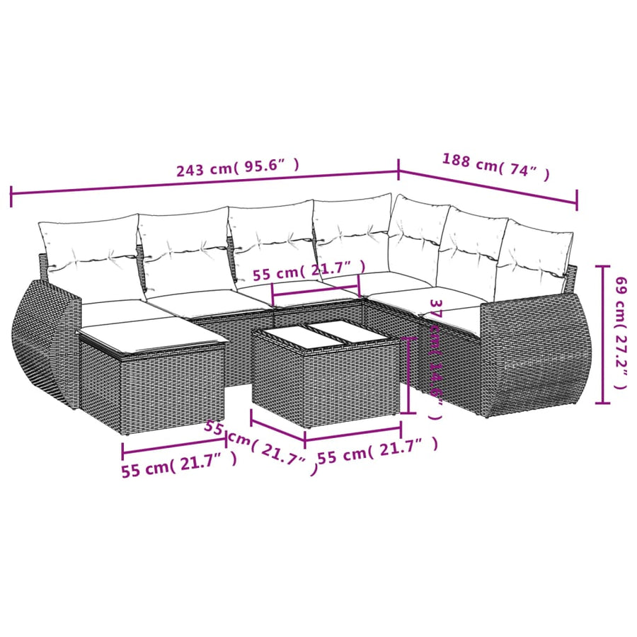 8-Delige Loungeset Met Kussens Poly Rattan Grijs