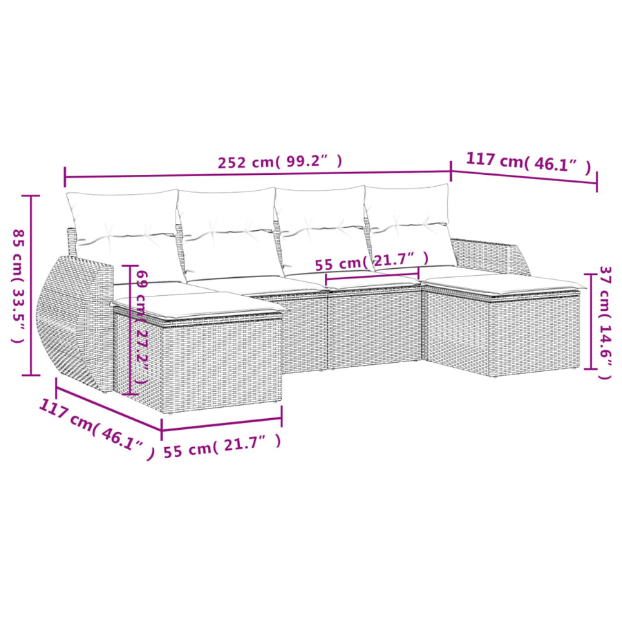 6-Delige Loungeset Met Kussens Poly Rattan Beige
