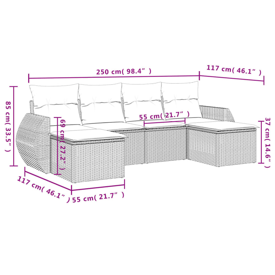 6-delige Loungeset met kussens poly rattan bruin