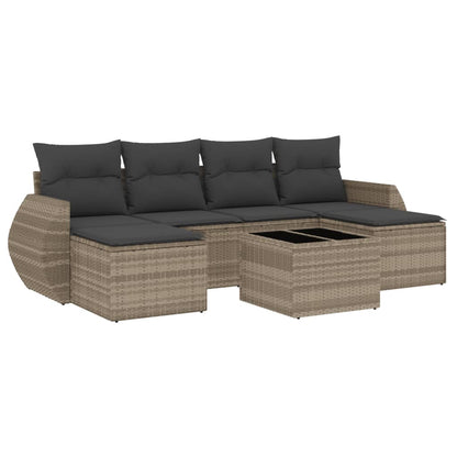 7-delige Loungeset met kussens poly rattan lichtgrijs