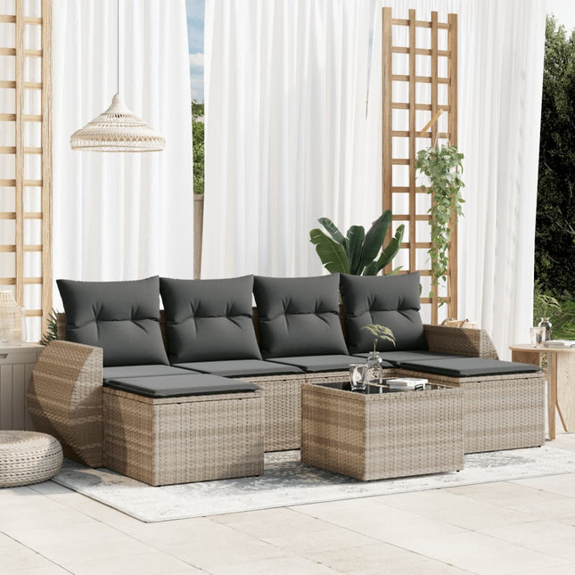 7-delige Loungeset met kussens poly rattan lichtgrijs