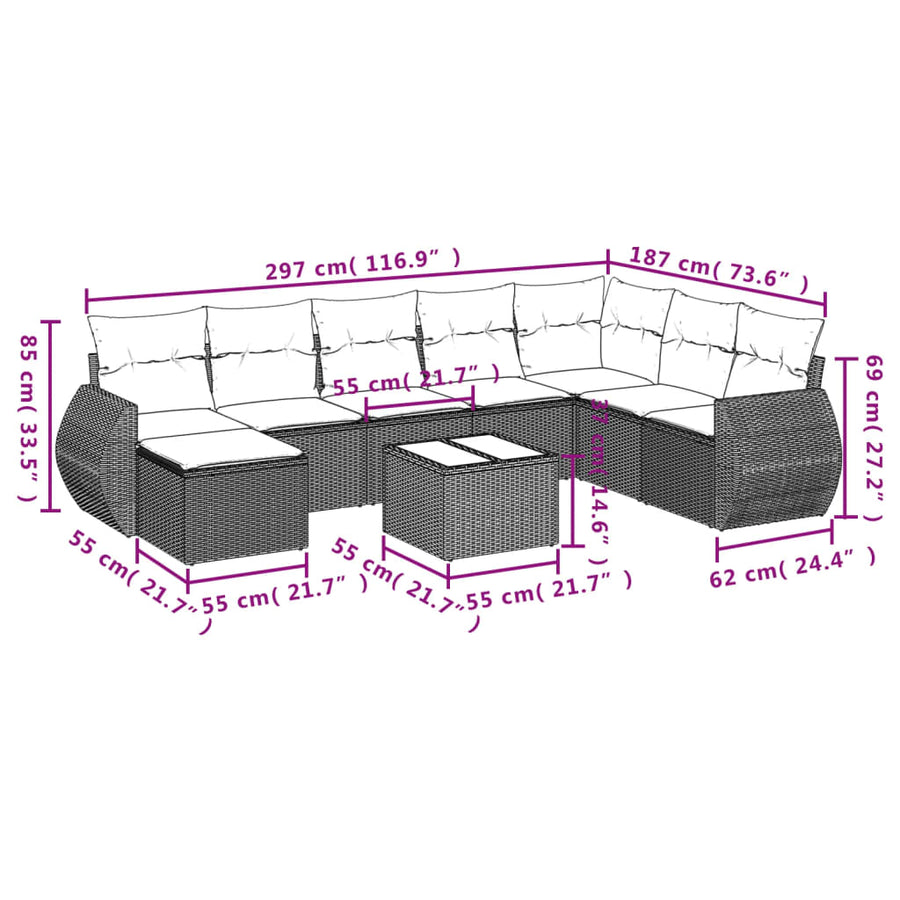 8-delige Loungeset met kussens poly rattan lichtgrijs