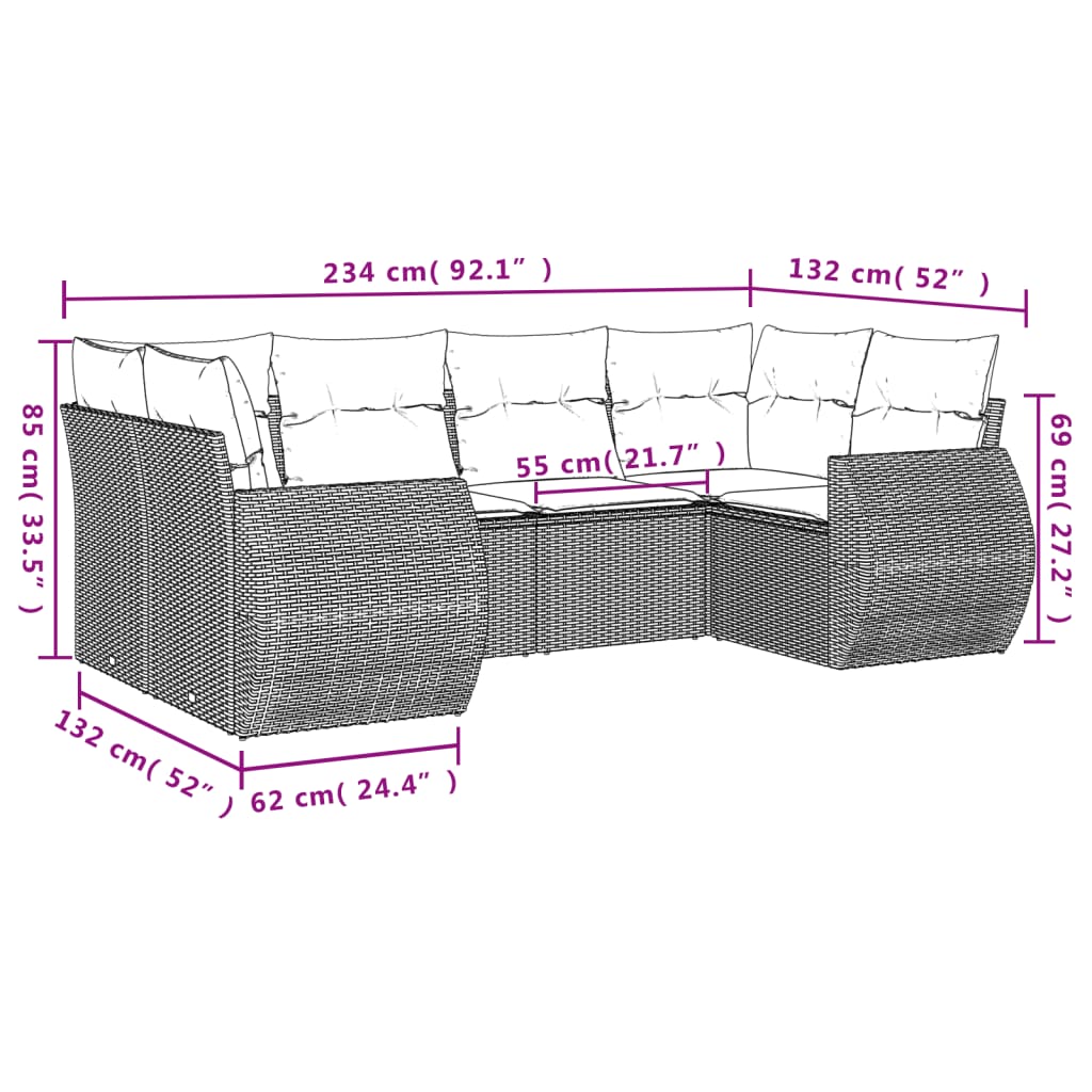 6-delige Loungeset met kussens poly rattan lichtgrijs