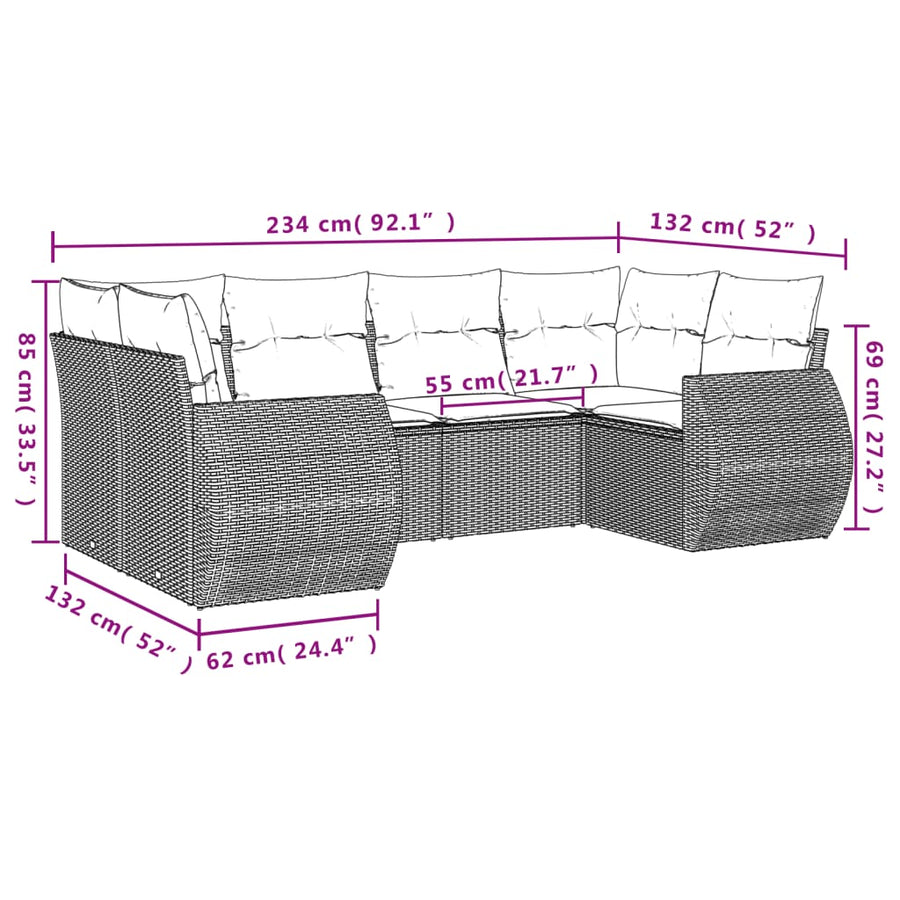 6-delige Loungeset met kussens poly rattan lichtgrijs