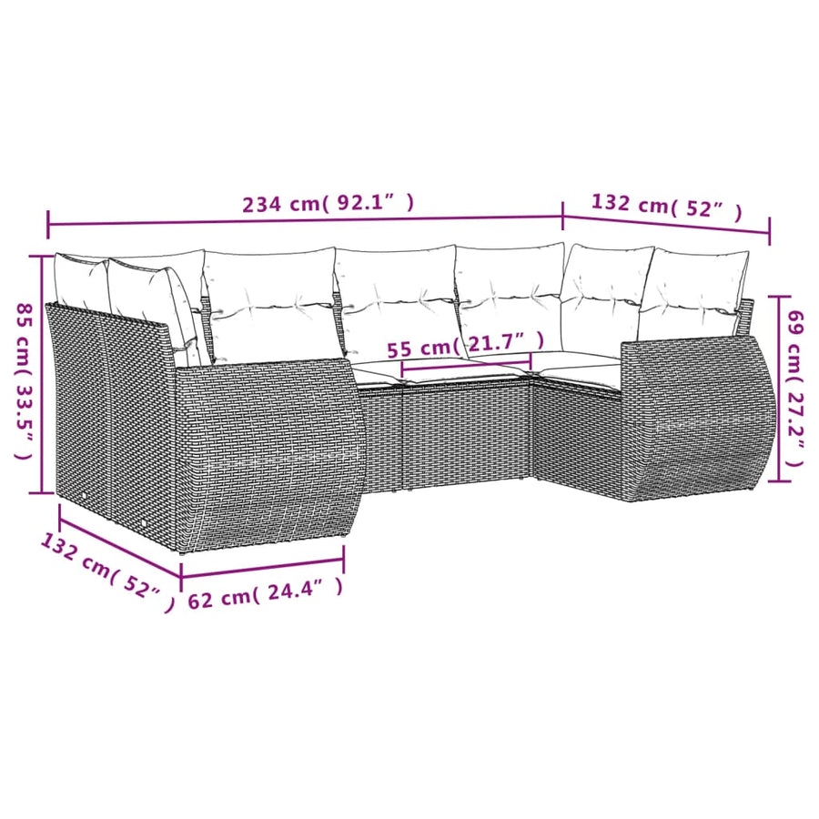 6-delige Loungeset met kussens poly rattan bruin
