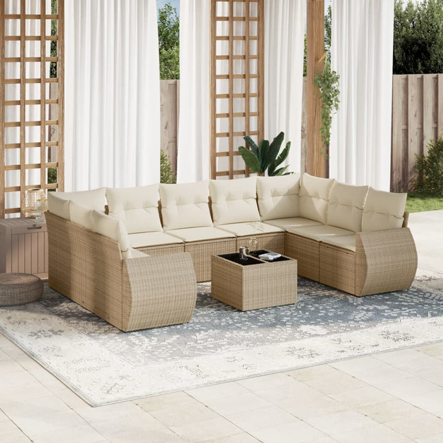 10-Delige Loungeset Met Kussens Poly Rattan Beige