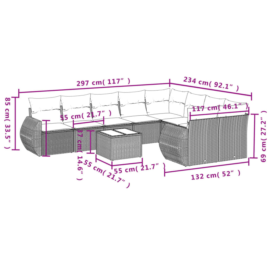 10-Delige Loungeset Met Kussens Poly Rattan Zwart