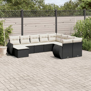 Loungeset 10-delig poly rattan zwart met kussens