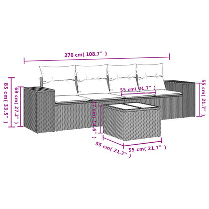 5-delige Loungeset met kussens poly rattan lichtgrijs