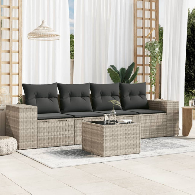 5-delige Loungeset met kussens poly rattan lichtgrijs