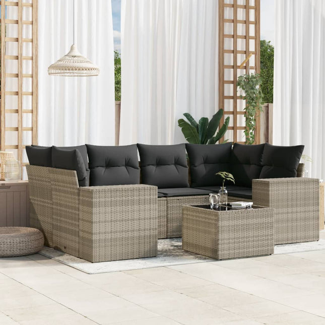 7-delige Loungeset met kussens poly rattan lichtgrijs