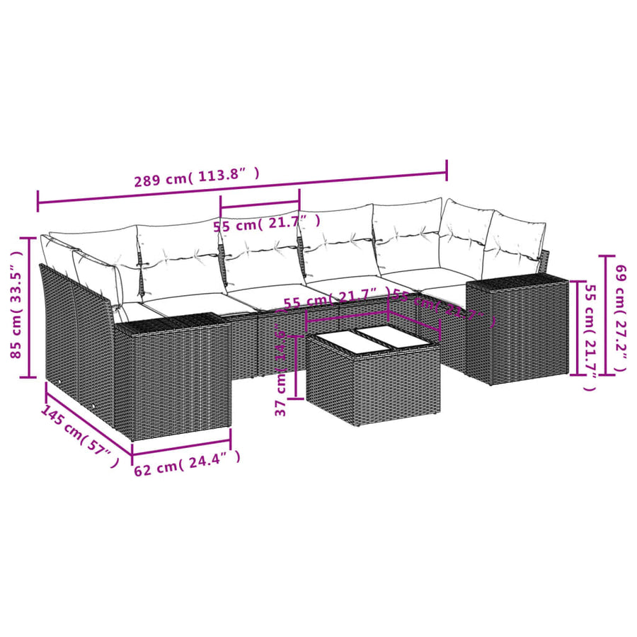 8-delige Loungeset met kussens poly rattan lichtgrijs