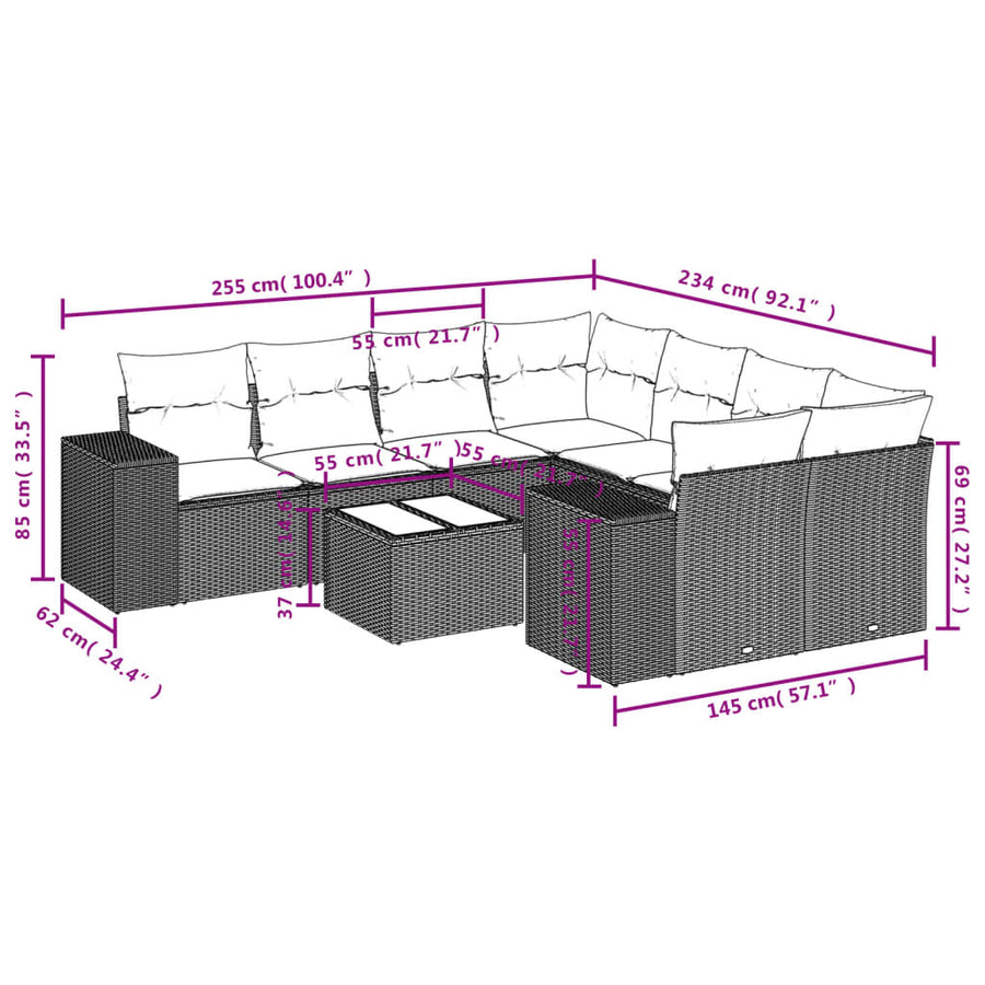 9-Delige Loungeset Met Kussens Poly Rattan Grijs