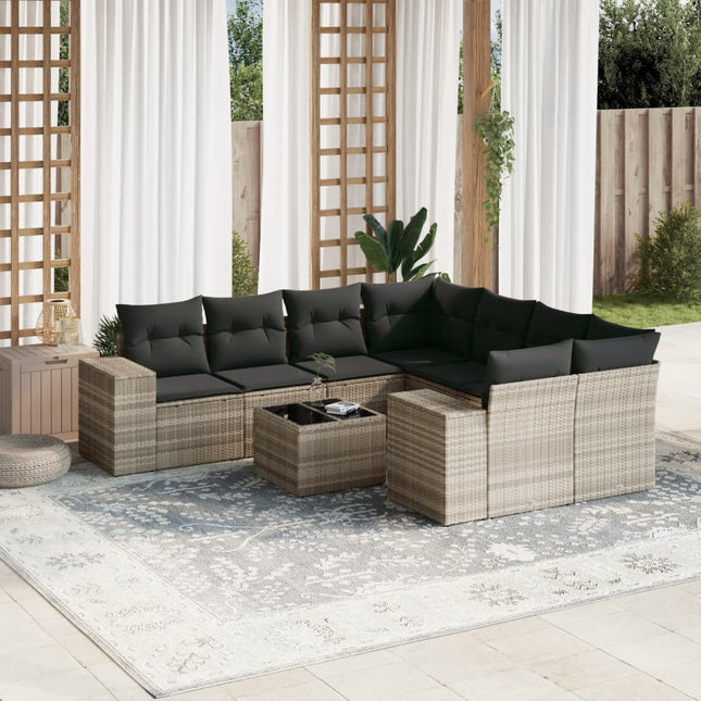 9-delige Loungeset met kussens poly rattan lichtgrijs