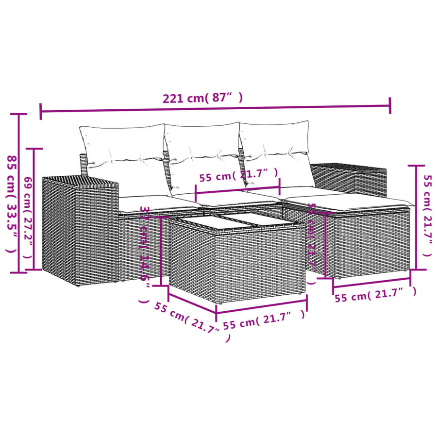 5-Delige Loungeset Met Kussens Poly Rattan Beige
