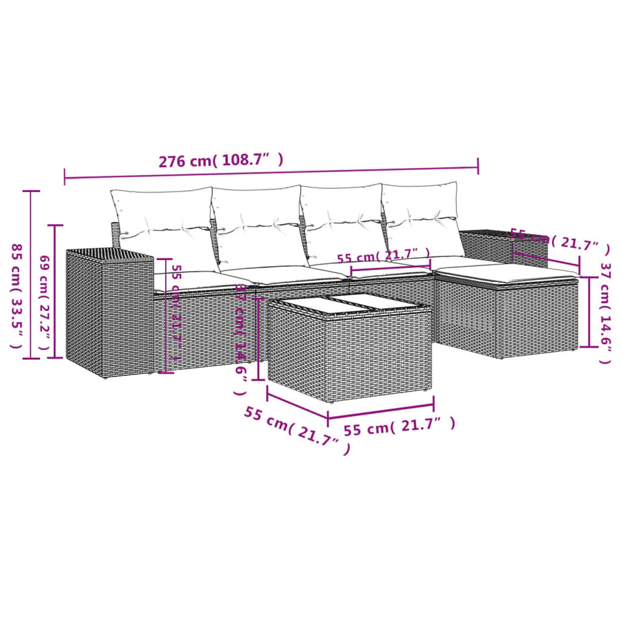 6-Delige Loungeset Met Kussens Poly Rattan Grijs