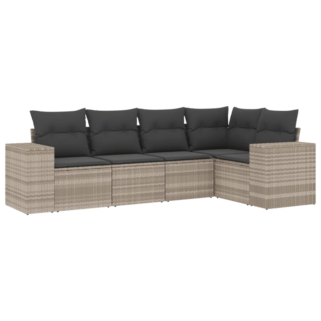 5-delige Loungeset met kussens poly rattan lichtgrijs