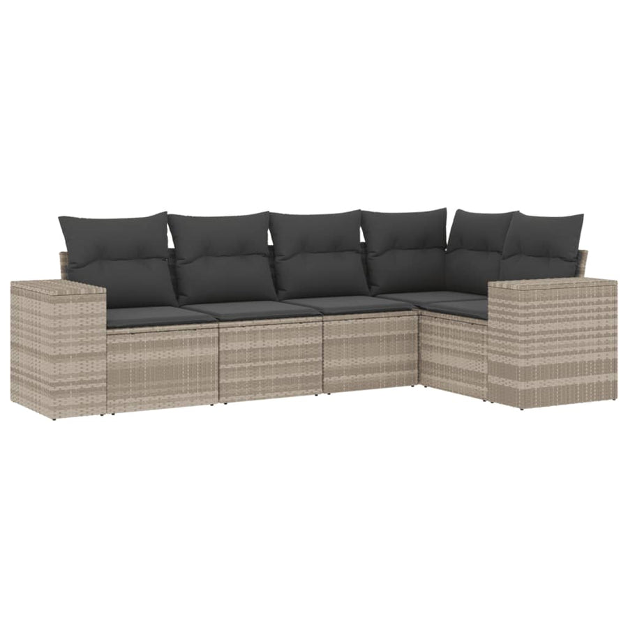 5-delige Loungeset met kussens poly rattan lichtgrijs