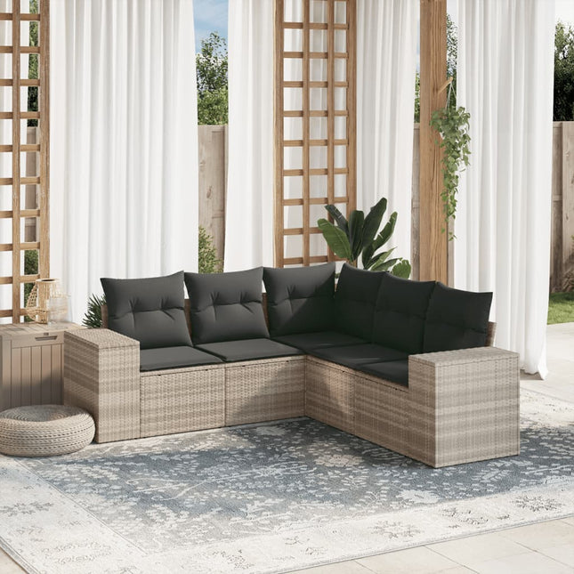 5-delige Loungeset met kussens poly rattan lichtgrijs