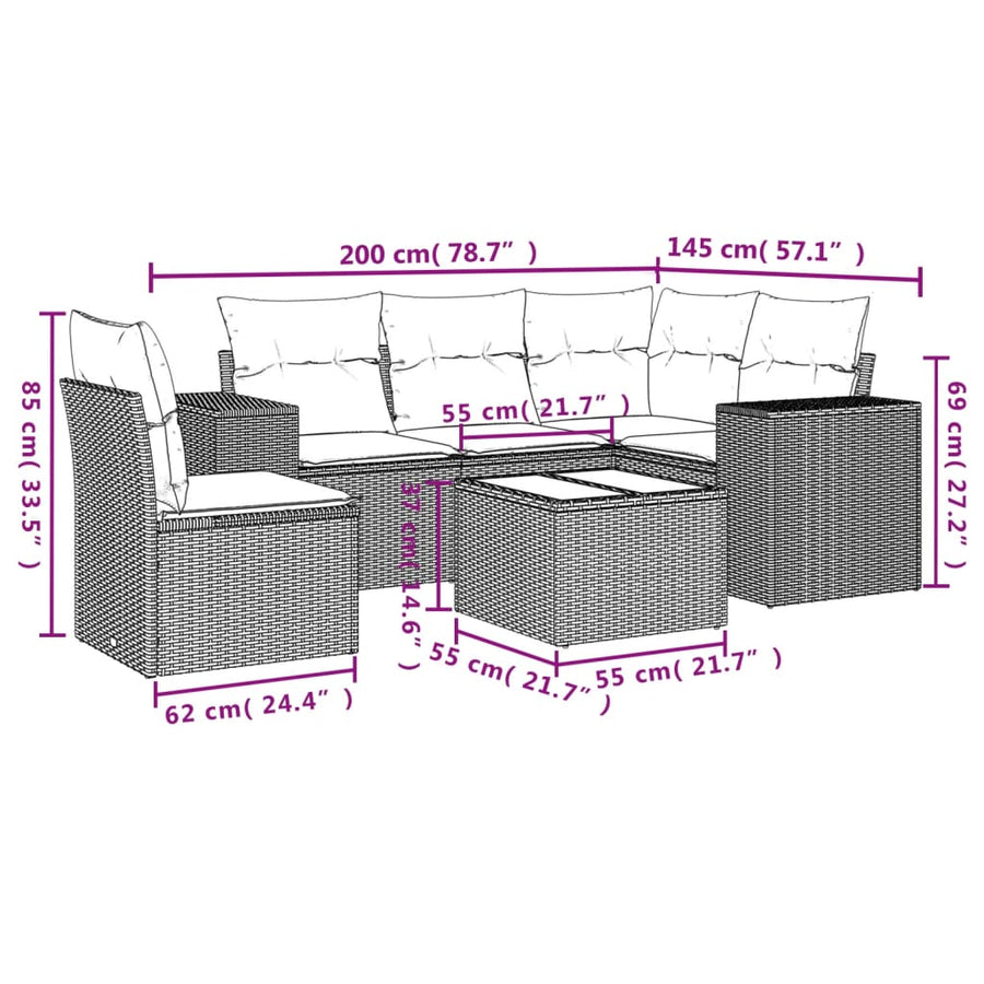 6-Delige Loungeset Met Kussens Poly Rattan Beige