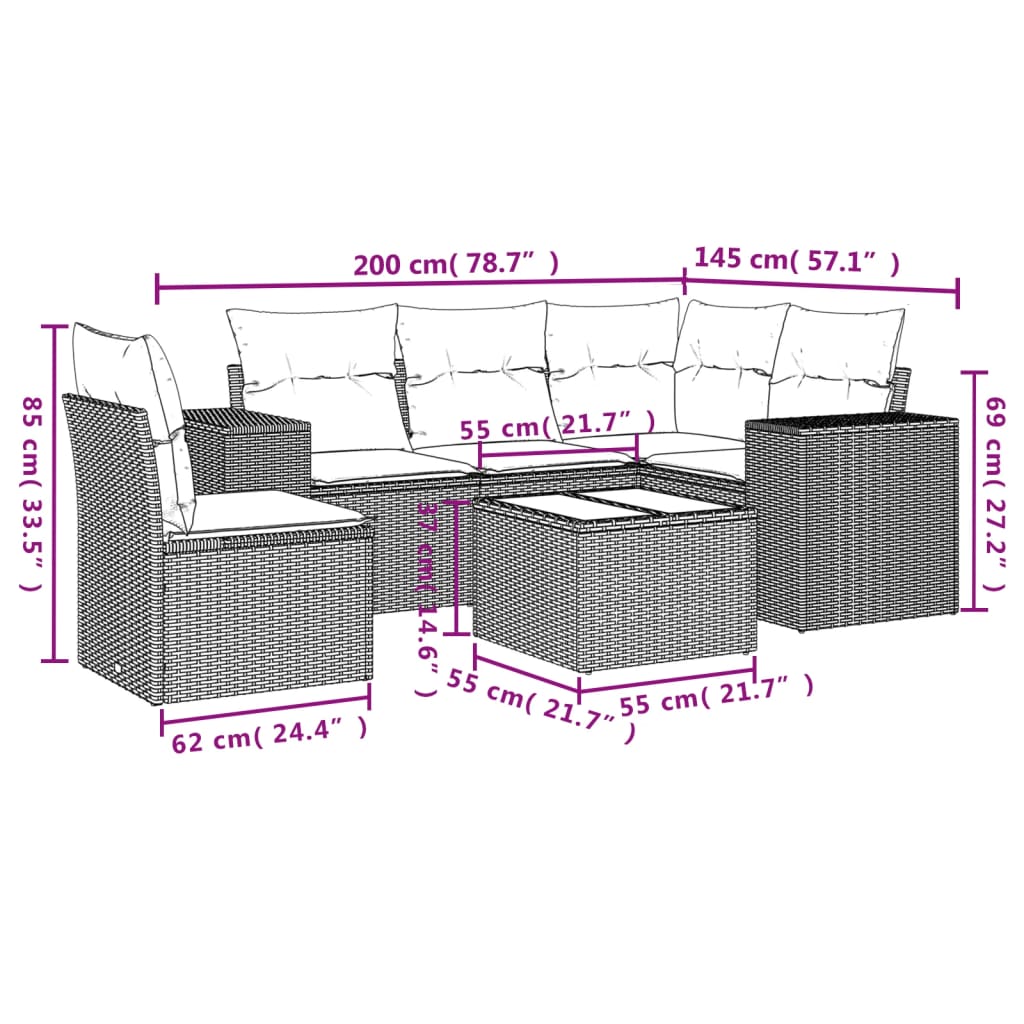 6-Delige Loungeset Met Kussens Poly Rattan Grijs