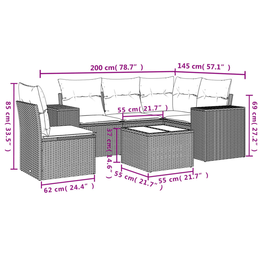 6-delige Loungeset met kussens poly rattan lichtgrijs