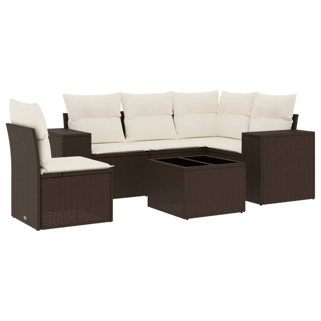 6-delige Loungeset met kussens poly rattan bruin