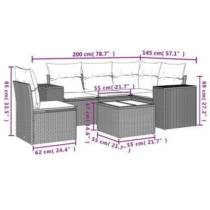6-delige Loungeset met kussens poly rattan bruin