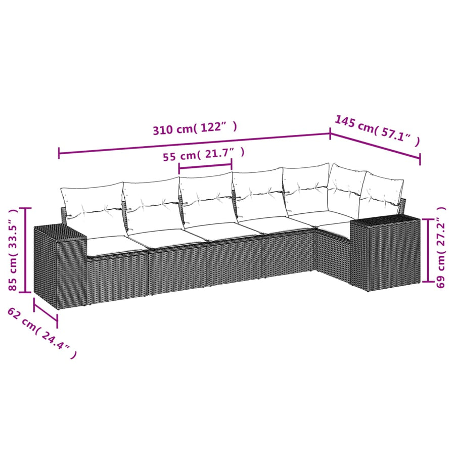 6-delige Loungeset met kussens poly rattan bruin
