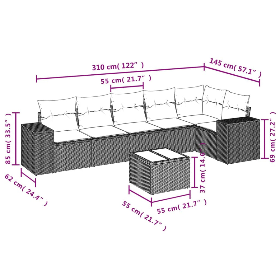7-Delige Loungeset Met Kussens Poly Rattan Grijs