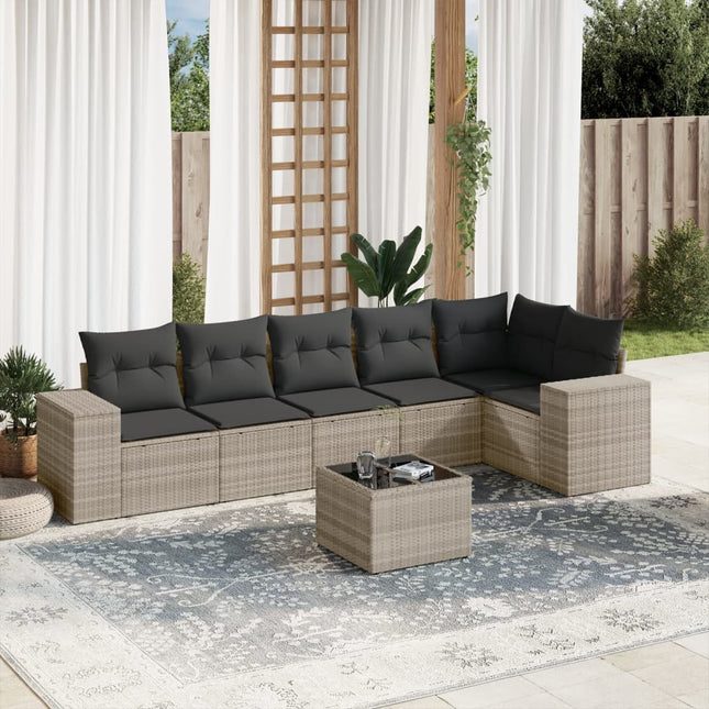 7-delige Loungeset met kussens poly rattan lichtgrijs