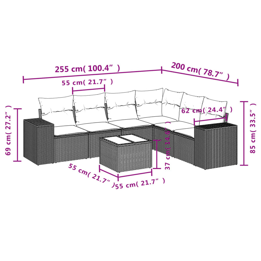 7-Delige Loungeset Met Kussens Poly Rattan Zwart