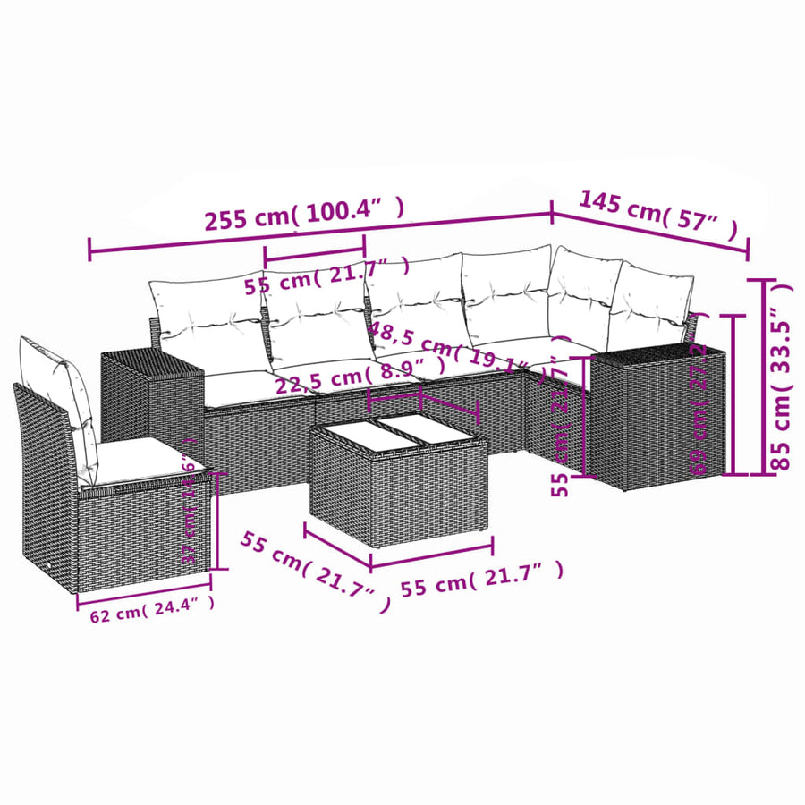 7-Delige Loungeset Met Kussens Poly Rattan Beige