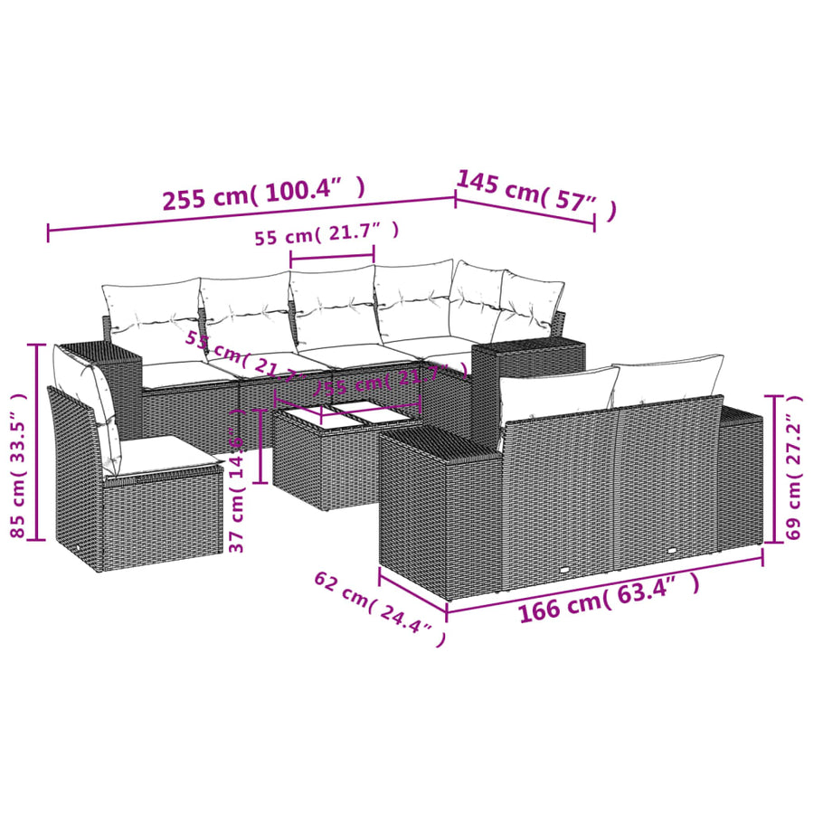 9-Delige Loungeset Met Kussens Poly Rattan Grijs