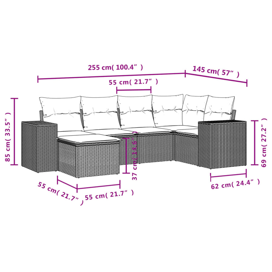 6-Delige Loungeset Met Kussens Poly Rattan Grijs