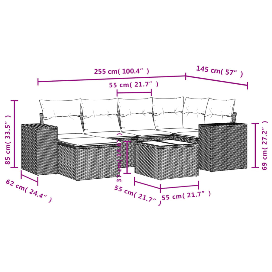 7-Delige Loungeset Met Kussens Poly Rattan Grijs