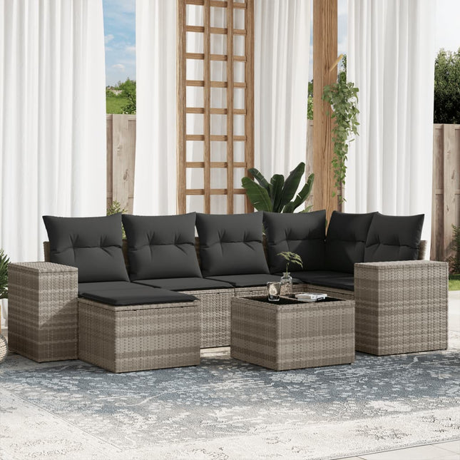 7-delige Loungeset met kussens poly rattan lichtgrijs