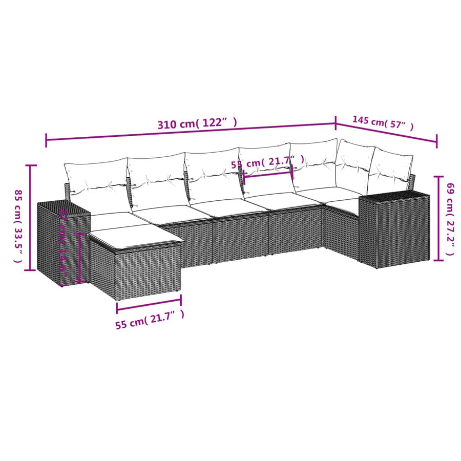 7-Delige Loungeset Met Kussens Poly Rattan Grijs