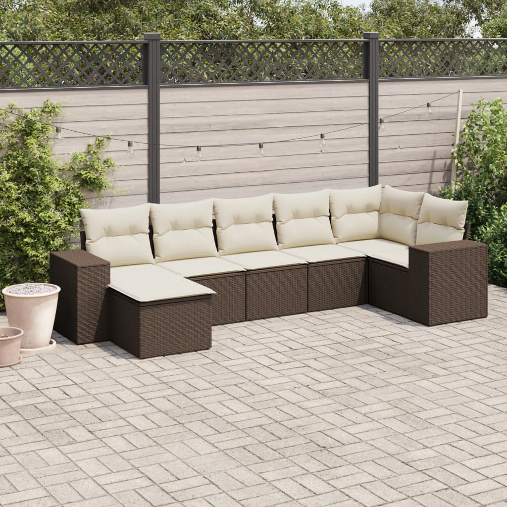 7-delige Loungeset met kussens poly rattan bruin