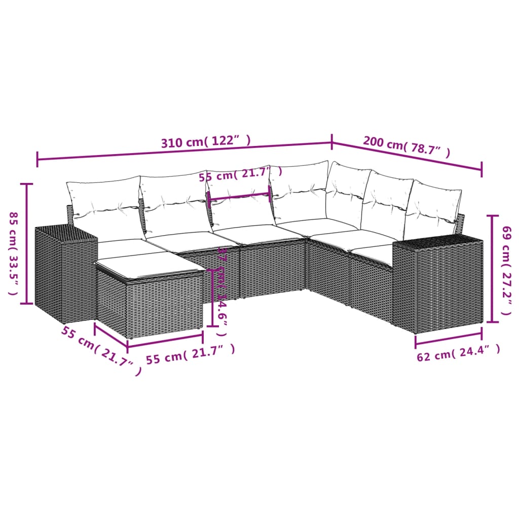 7-Delige Loungeset Met Kussens Poly Rattan Zwart