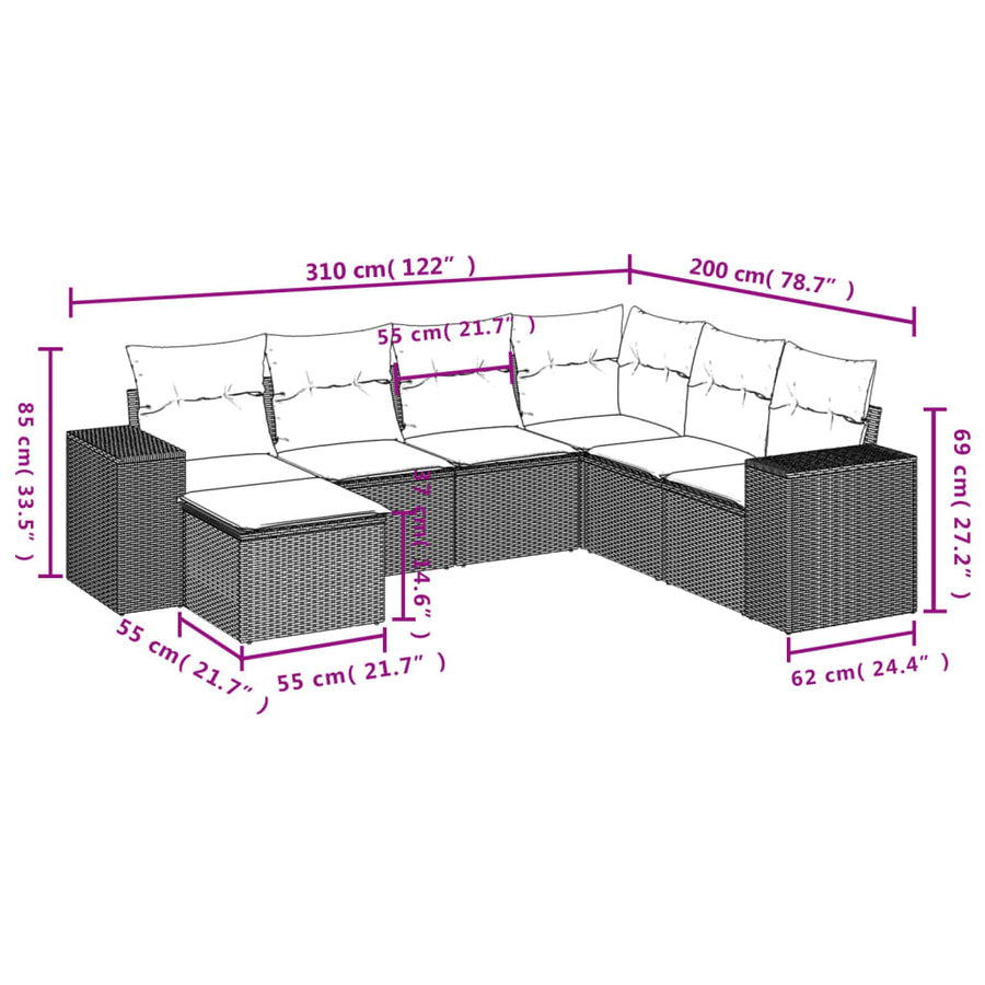 7-Delige Loungeset Met Kussens Poly Rattan Beige